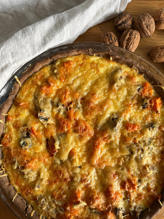 Tarte quiche au sarrasin, patate douce, sardine et emmental sans gluten